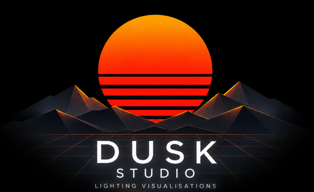 DUSK Studio artwork: an orange striped sun rising behind dark mountains, with the words DUSK Studio, Lighting Visualisations